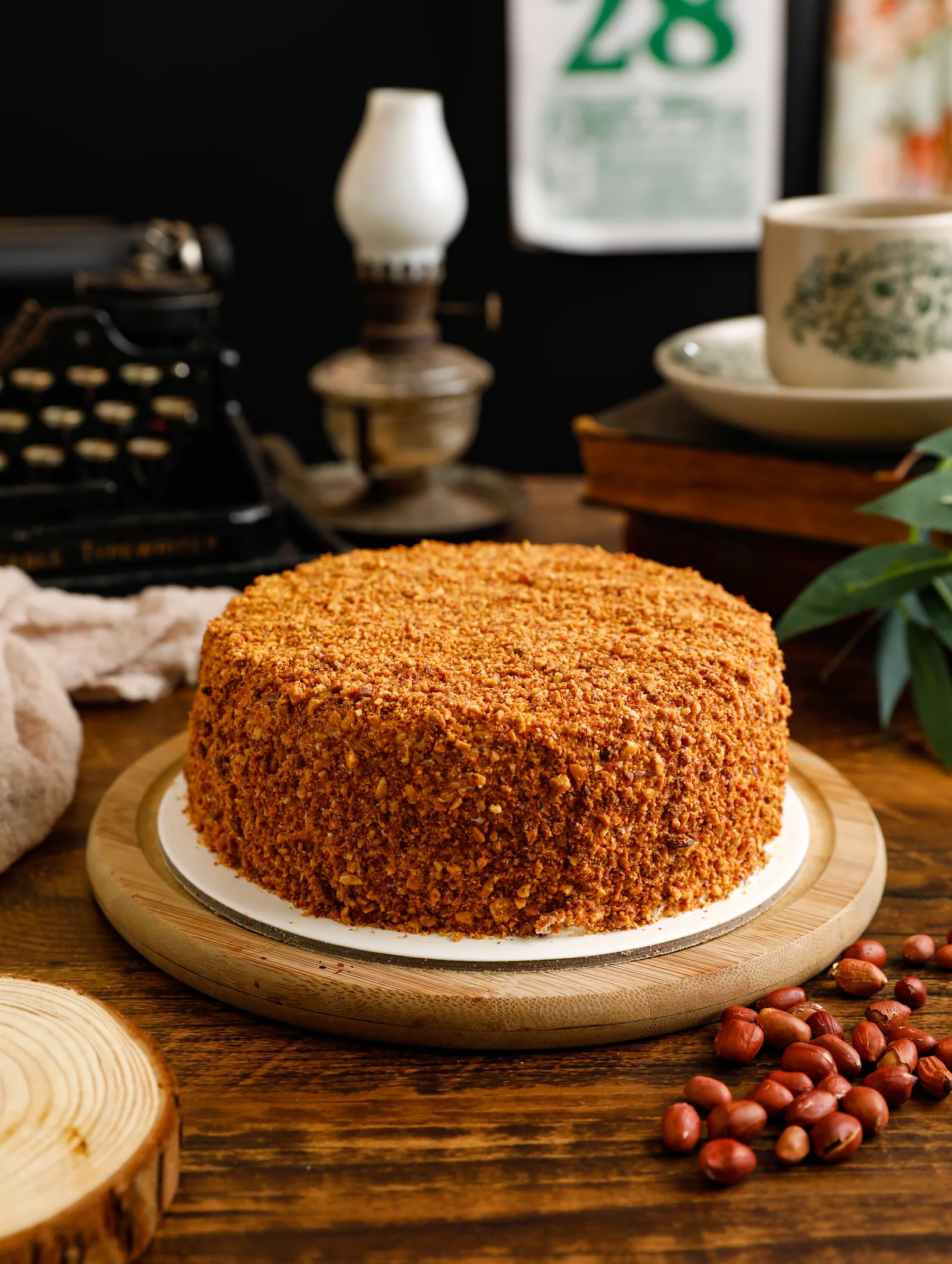 Uncle Lee Confectionery peanut cake with a vintage tea setting